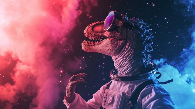 Cinematic digital art of a cute prehistoric Tyrannosaurus Rex dinosaur wearing a professional white astronaut suit and goggles while exploring a colorful cosmic nebula in deep outer space.