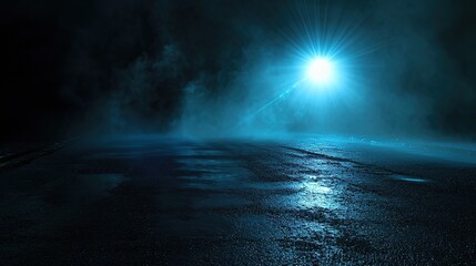 Obraz premium Cinematic Dark Empty Street at Night with Blue Neon Searchlight Reflection on Wet Asphalt and Smoke Atmosphere Backdrop for Creative Design Project or Product Placement Background