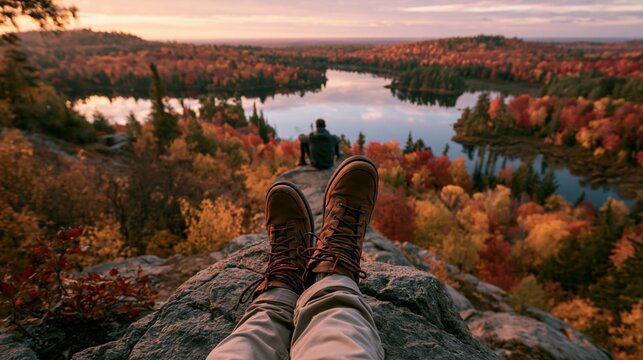 a vivid outdoor scene captured during autumn. The main subject is a pair of brown hiking boots with laces, resting on a rocky outcrop. The boots have a rugged texture and appear to be made of leather.