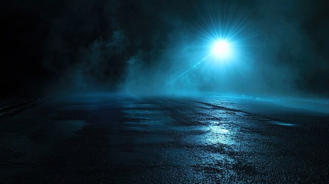 Cinematic Dark Empty Street at Night with Blue Neon Searchlight Reflection on Wet Asphalt and Smoke Atmosphere Backdrop for Creative Design Project or Product Placement Background