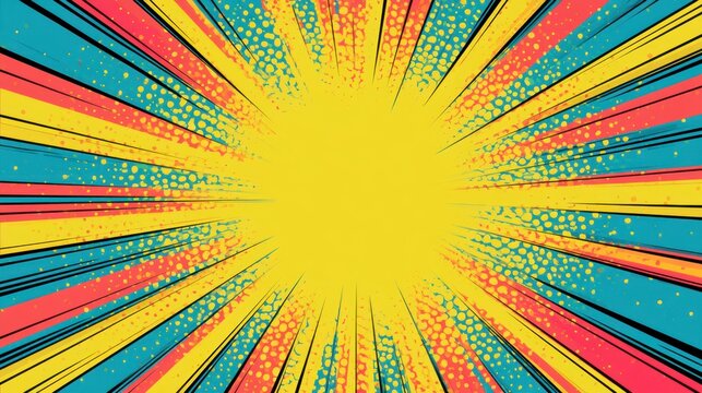 Comic Burst Explosion: A vibrant abstract background with a dynamic, exploding starburst pattern in bright yellow, turquoise, and coral hues, evoking a sense of energy and excitement.