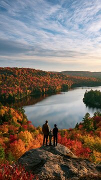 a serene autumn scene. A family of three stands on a rocky outcrop, overlooking a tranquil lake surrounded by a dense forest of vibrant fall foliage in shades of red, orange, and yellow.