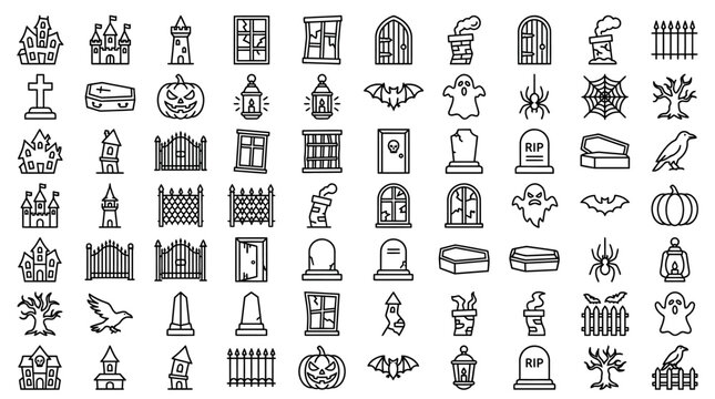 Black and White Cemetery Icon Collection Set.