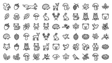 Fototapeta premium Black and White Line Art Forest Creatures Collection.