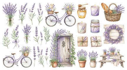 Naklejka premium Provencal Dreamscape: A charming collection of watercolor elements depicting a French countryside scene with lavender, bicycles, jars of honey, baskets, and a rustic door.