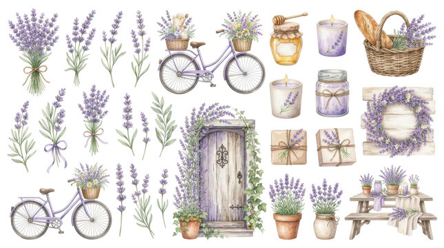 Provencal Dreamscape: A charming collection of watercolor elements depicting a French countryside scene with lavender, bicycles, jars of honey, baskets, and a rustic door.