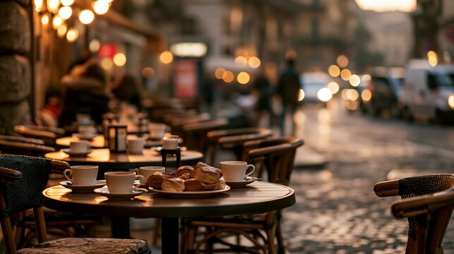 a cozy outdoor cafe scene at dusk. The main subject is a table set with cups of coffee, a plate of croissants, and a glass of water, all illuminated by the warm glow of the setting sun.