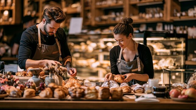 a bakery scene. A man and a woman, both wearing aprons, stand behind a counter laden with freshly baked goods. The man, on the left, has a beard and wears a dark shirt. The woman on the right.
