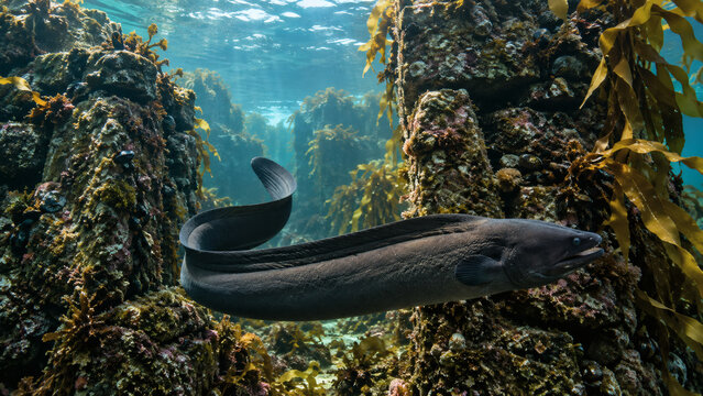 Large eel underwater near Nan Madol in Pohnpei, Micronesia, representing the sacred eel associated with traditional beliefs and ritual practices of the ancient site.