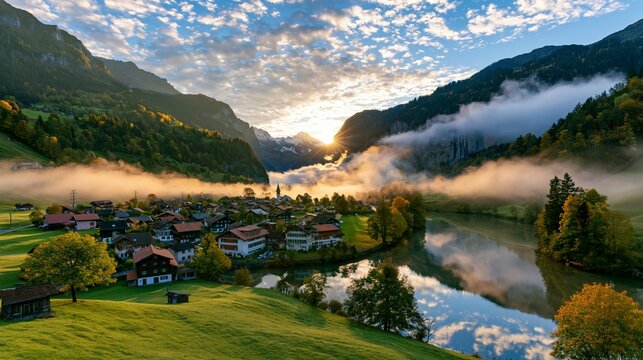 a picturesque village nestled in a valley surrounded by majestic mountains. The village is nestled between lush green hills and valleys.