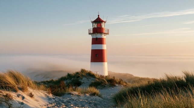 a lighthouse standing tall on a sandy dune, bathed in the warm glow of the setting sun. The lighthouse is painted red and white, with a red roof and a white base.