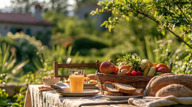 a serene garden setting during the golden hour. A rustic wooden table is set with a woven basket overflowing with fresh fruits and vegetables, including apples, bananas, and grapes.