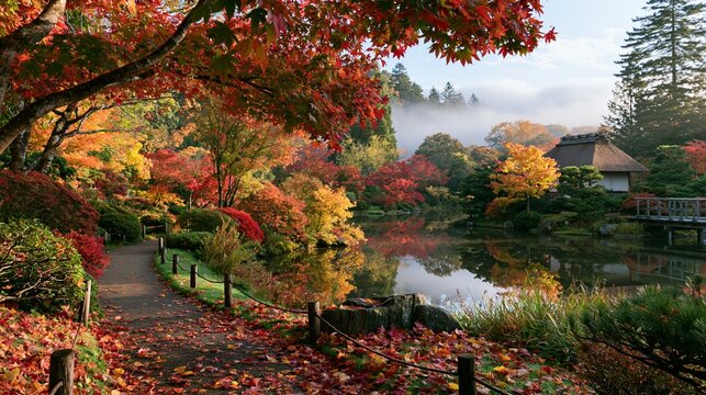 a serene Japanese garden during autumn. The main subject is a tranquil pond surrounded by a variety of colorful trees displaying red, orange, yellow, and green foliage.