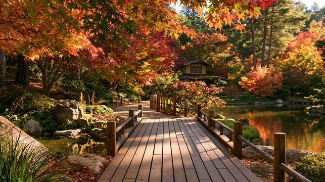a serene Japanese garden during autumn. The main subject is a wooden bridge with a wooden railing, spanning a calm pond. The pond reflects the surrounding trees and foliage.