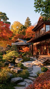 a traditional Japanesestyle house with a wooden facade, surrounded by a serene garden in autumn. The house has multiple windows and balconies, and the garden features a variety of plants.