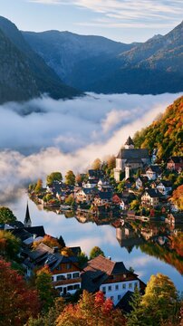 a picturesque village nestled within a valley surrounded by mountains. The village is situated on the banks of a calm lake, reflecting the autumnal colors of the surrounding trees.