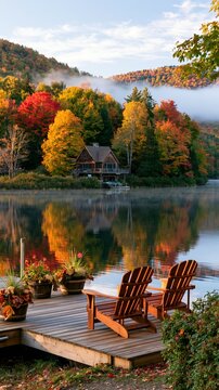 a serene lakeside scene. A wooden dock extends into a calm lake, with two Adirondack chairs positioned on it.