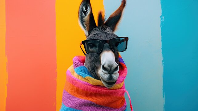 Portrait of a funny donkey wearing stylish black sunglasses and a bright colorful striped knitted scarf standing in front of a vibrant multi-colored studio background, whimsical animal concept