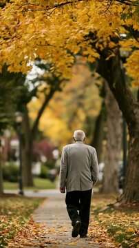 an elderly man walking down a pathway covered in fallen autumn leaves. The man, wearing a light gray blazer and dark trousers, is captured in a side profile.