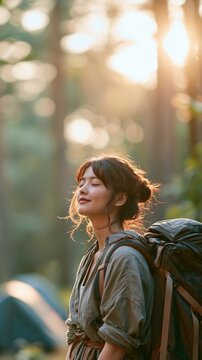 a young woman standing in a forest during golden hour. She has a backpack on her back and her hair flows freely, indicating a moment of relaxation. The woman wears a green shirt and a brown belt.