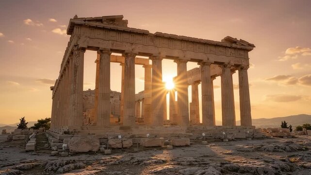 Cinematic Fixed Shot of the Ancient Parthenon Ruins at Sunse