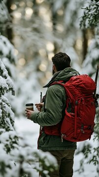a snowy forest, his back to the viewer. He wears a green jacket, brown pants, and a red backpack. He holds a black coffee cup in his left hand and a stick in his right.