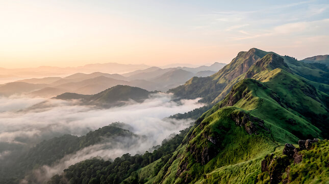 Sunrise over Lush Green Mountain Ridges with Ethereal Mist and Fog Rolling Through the Valleys in a Pristine Wilderness Landscape