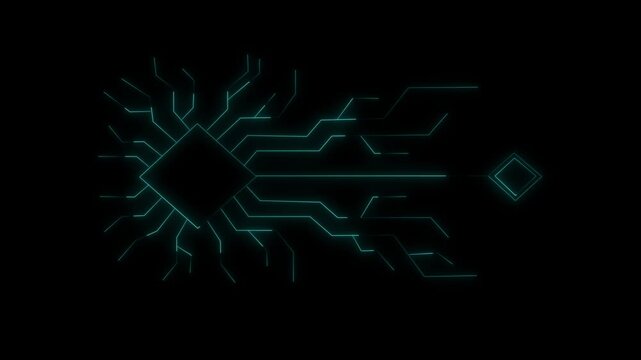 Futuristic glowing neon circuit board with moving electrons PNG alpha on black background.