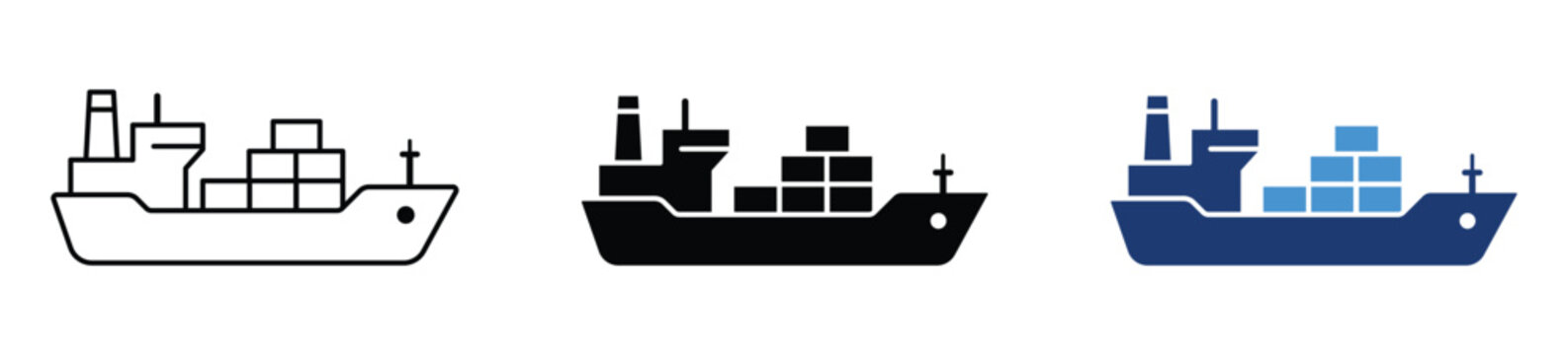 Cargo ship, container ship and freight vessel vector icon set for ocean transportation, international trade, supply chain and maritime logistics. Vector illustration and transparent PNG