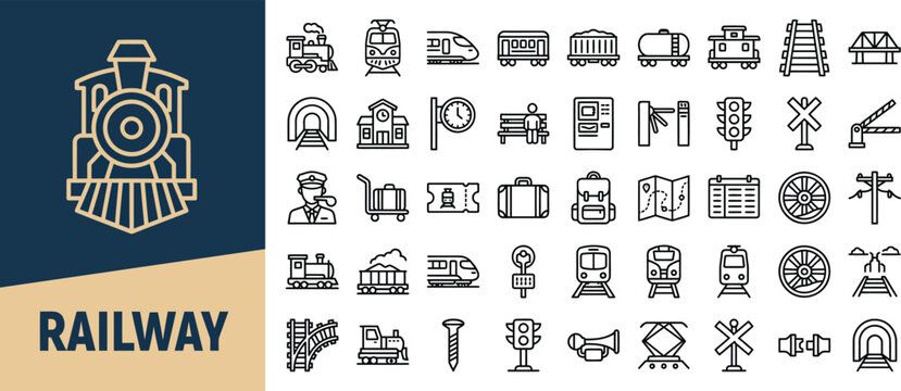 Railway transport outline icon set. Featuring locomotive, freight wagon, tracks, station, and signal symbols. Vector icons for rail travel guides and railway service graphics.