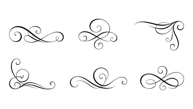Six black calligraphic flourish ornaments and swirls arranged on a transparent background, decorative dividers for design and stationery