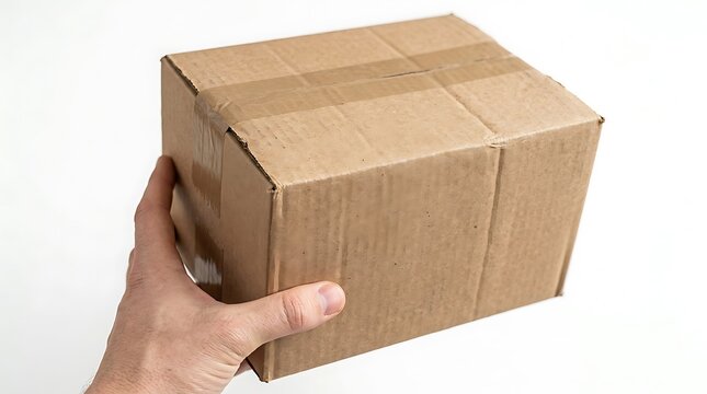 Hand holding a brown cardboard parcel box isolated on white background