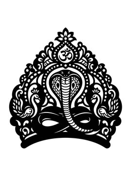 Indian snake and peacock ornamental motif with om symbol, black and white vector art for tattoo, fabric print, or decorative design