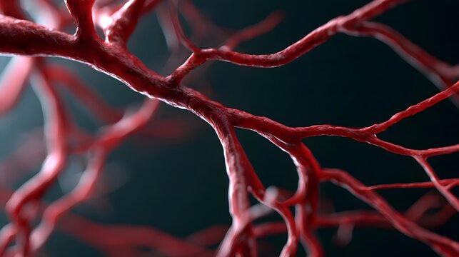 Close up view of branching red blood vessels with detailed texture against a dark background
