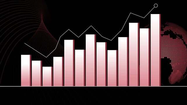 Rising bar chart and line graph with world map business growth finance and global market trend animation