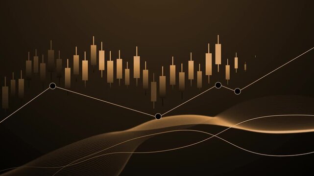 Stylized financial chart with candlesticks animation, connected line graph nodes and flowing wave overlays
