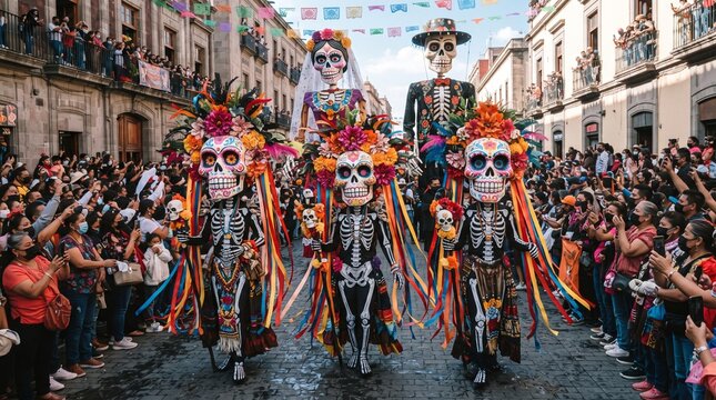 Performers walking in Day of the Dead street parade