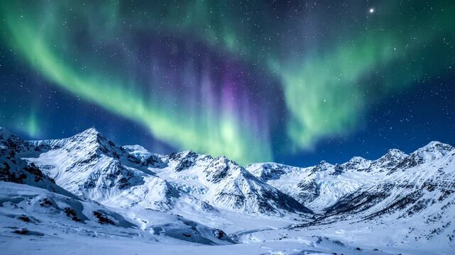 Spectacular Aurora Borealis Over Snow-Covered Mountains Under a Starry Night Sky