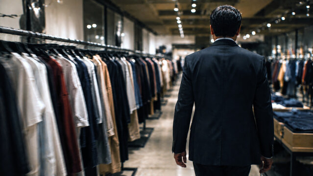 Businessman in a dark suit walking through a modern clothing store with racks of fashion apparel