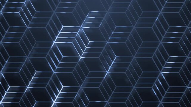 Abstract geometric pattern of interlocking hexagonal cubes with reflective edges background animation