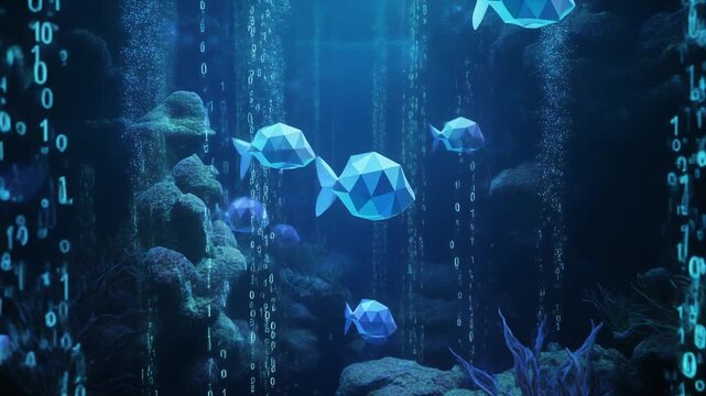 An imaginative digital ocean scene unfolds with shimmering polygonal fish swimming amongst vibrant coral reefs and cascading streams of binary code, symbolizing the fusion of nature