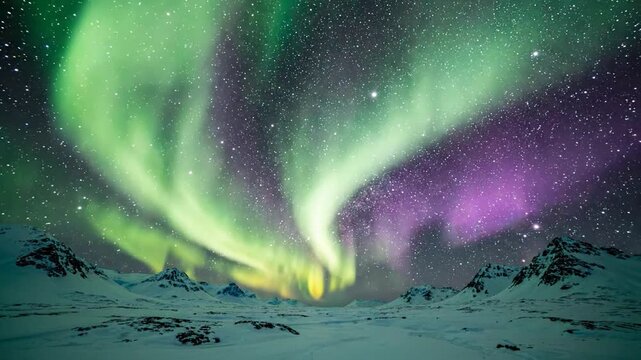 Spectacular Aurora Borealis over snow-covered mountains under a starry night sky