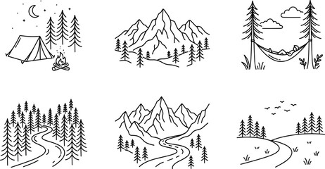 Fototapeta premium Set of outdoor camping and mountain landscape line art icons with pine forest road isolated vector illustration
