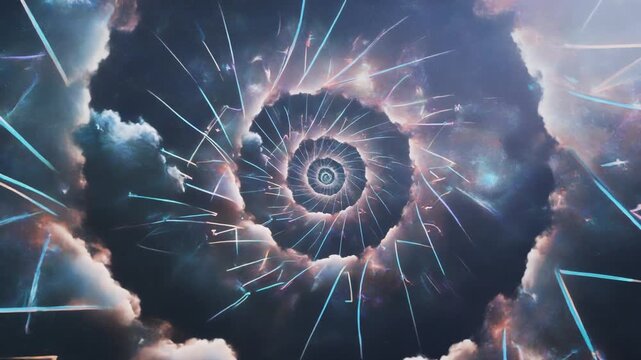An ethereal vortex pulls cosmic energy through a swirling nebula, with luminous geometric patterns and shimmering stardust creating a mesmerizing, multidimensional portal into the unknown