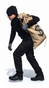 Burglar Carrying Money Bag with Dollar Sign Sneaking on White Background