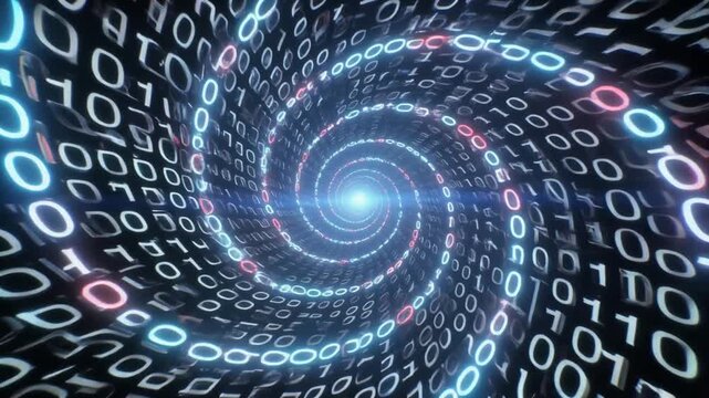 Vivid digital vortex composed of glowing binary code streams creates a mesmerizing tunnel effect, representing vast information flow and cyberspace journeys into the futuristic unknown