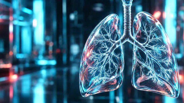 Futuristic 3D lungs visualize inhaled airflow moving through the trachea and branching bronchi. Glowing respiratory animation represents breathing and lung function.