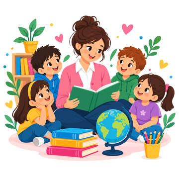 A Friendly Female Teacher Reading an Open Storybook to a Group of Happy Diverse Children in a Colorful Classroom Setting