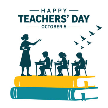 Happy Teachers Day Illustration with Silhouette of a Teacher and Students Sitting at Desks on Top of Large Stacked Books