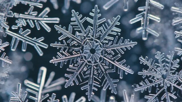 Discover the intricate, hexagonal symmetry of natural ice crystals forming delicate, fractal patterns during a winter freeze, showcasing frozen precipitation's breathtaking microscopic beauty